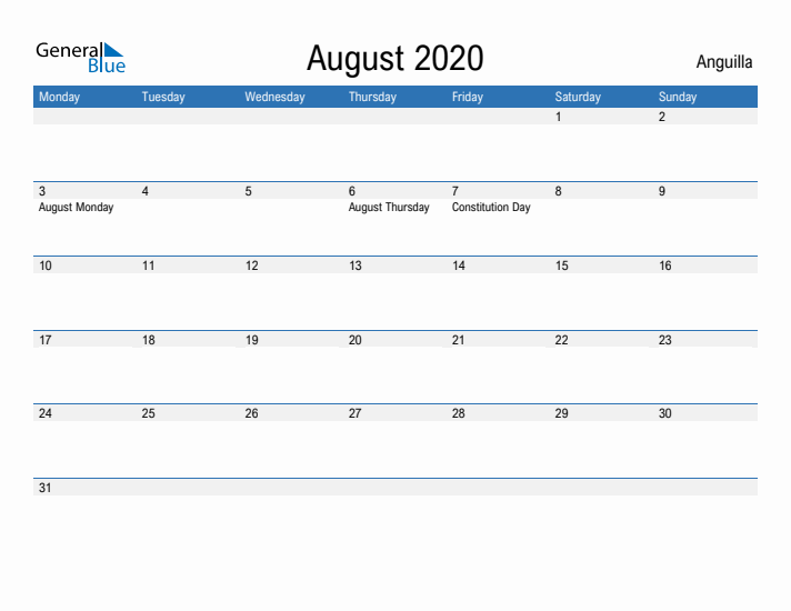 Fillable August 2020 Calendar