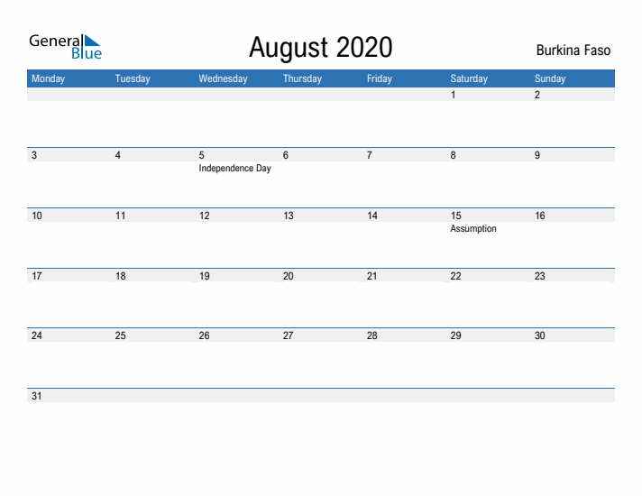 Fillable August 2020 Calendar