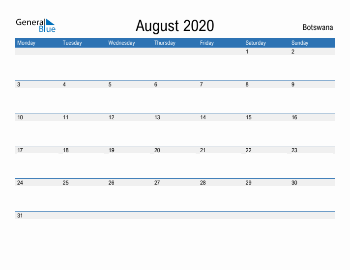 Fillable August 2020 Calendar