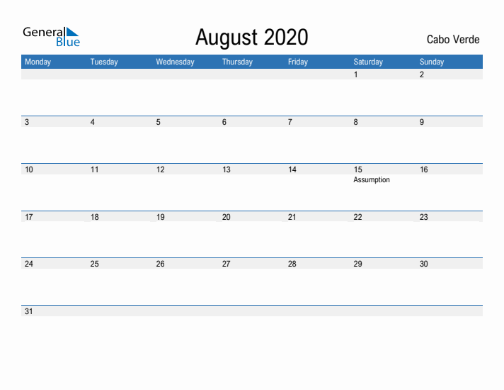 Fillable August 2020 Calendar