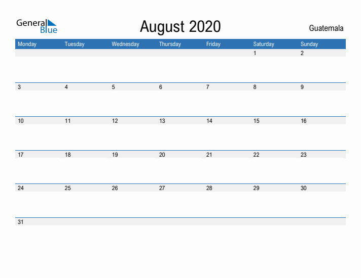 Fillable August 2020 Calendar