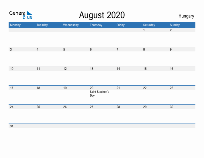 Fillable August 2020 Calendar