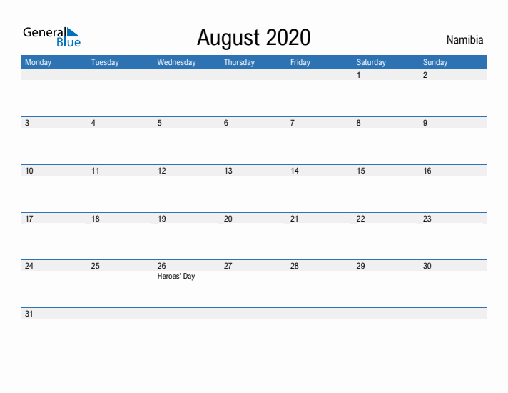 Fillable August 2020 Calendar