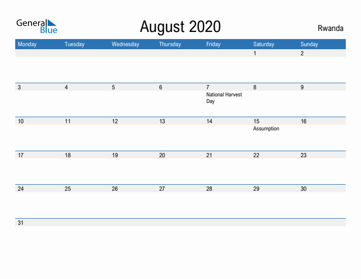 Fillable August 2020 Calendar