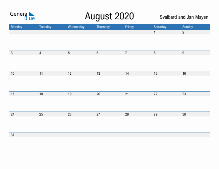 Fillable August 2020 Calendar