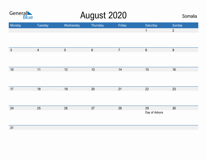 Fillable August 2020 Calendar