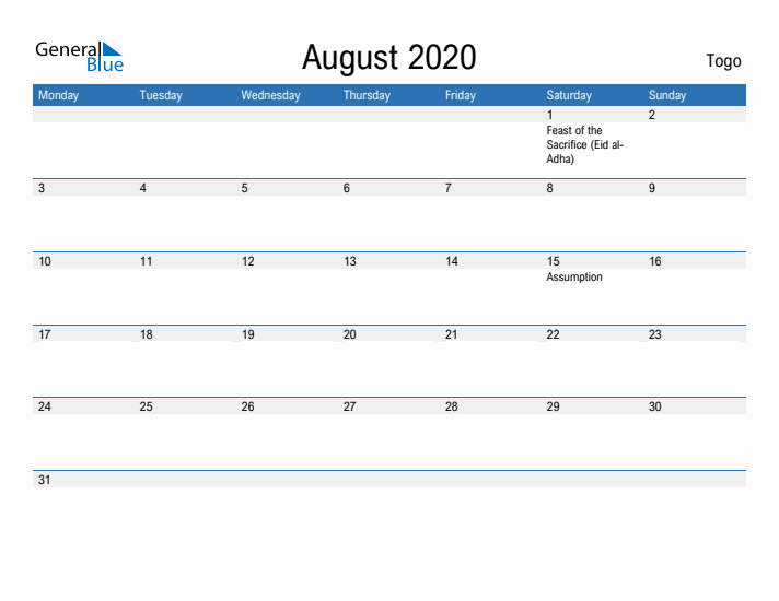 Fillable August 2020 Calendar