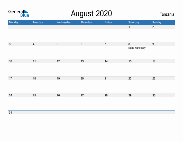 Fillable August 2020 Calendar