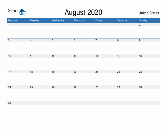 Fillable August 2020 Calendar