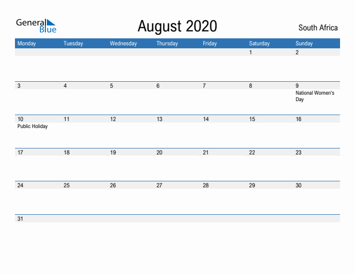 Fillable August 2020 Calendar