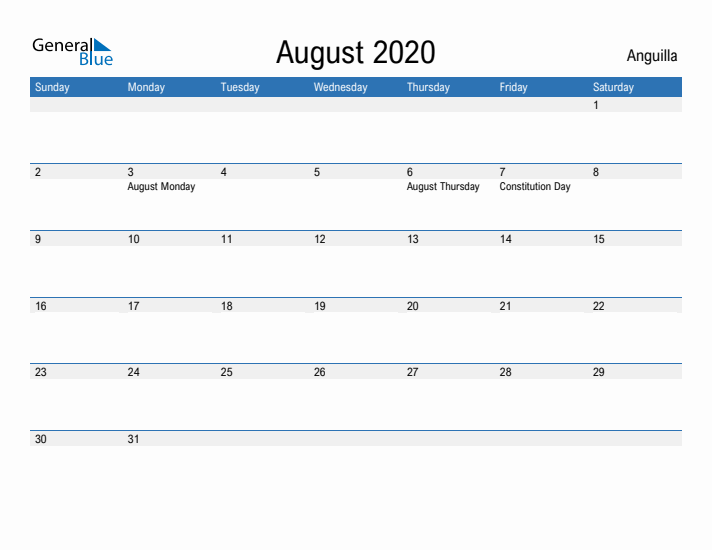 Fillable August 2020 Calendar