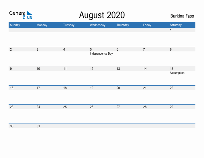 Fillable August 2020 Calendar