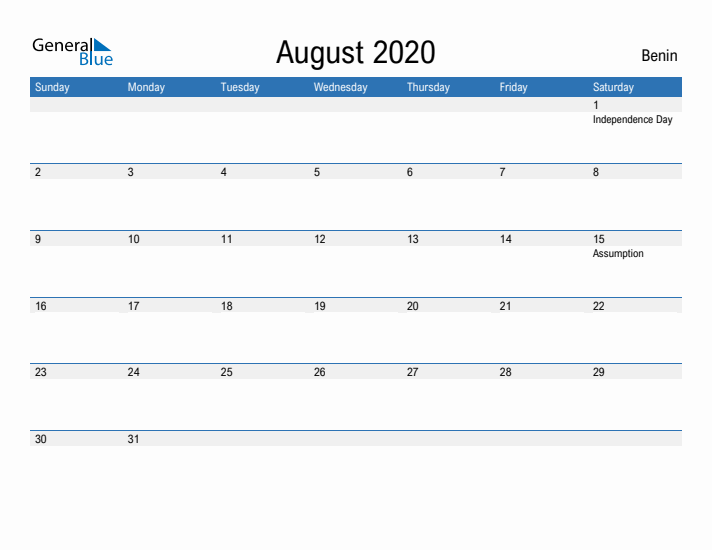 Fillable August 2020 Calendar