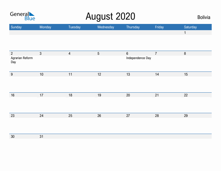 Fillable August 2020 Calendar