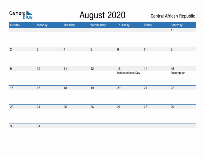 Fillable August 2020 Calendar