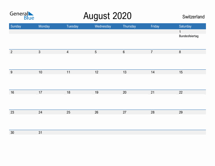 Fillable August 2020 Calendar