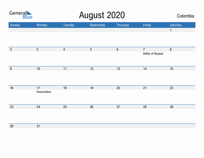 Fillable August 2020 Calendar