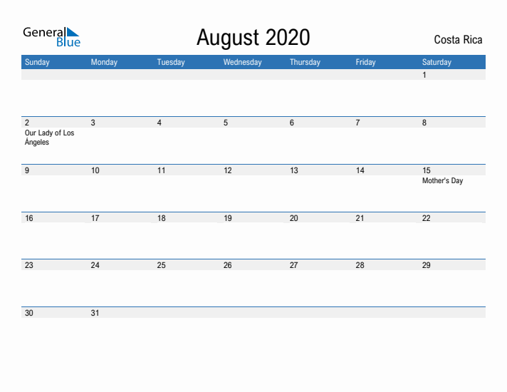 Fillable August 2020 Calendar