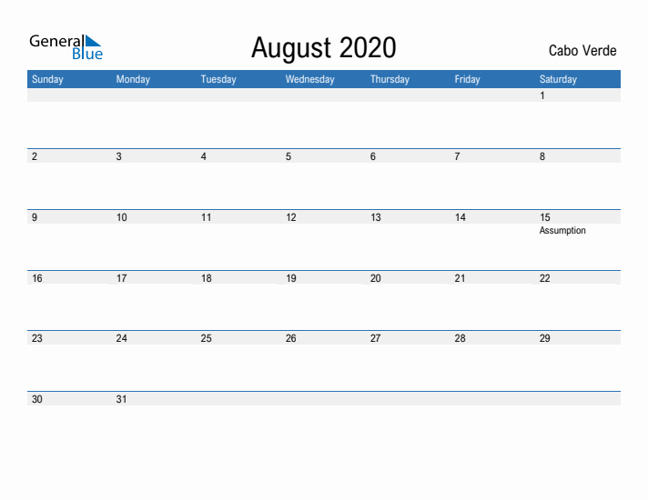 Fillable August 2020 Calendar