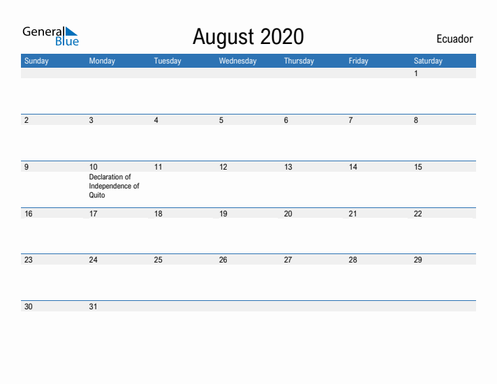 Fillable August 2020 Calendar