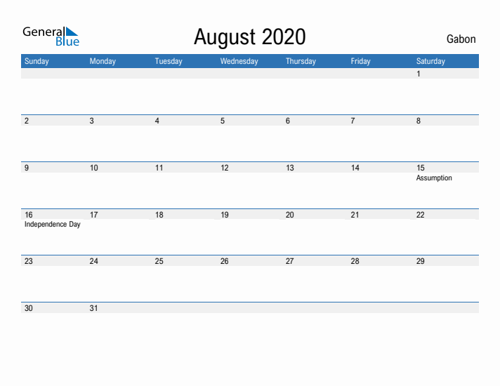 Fillable August 2020 Calendar