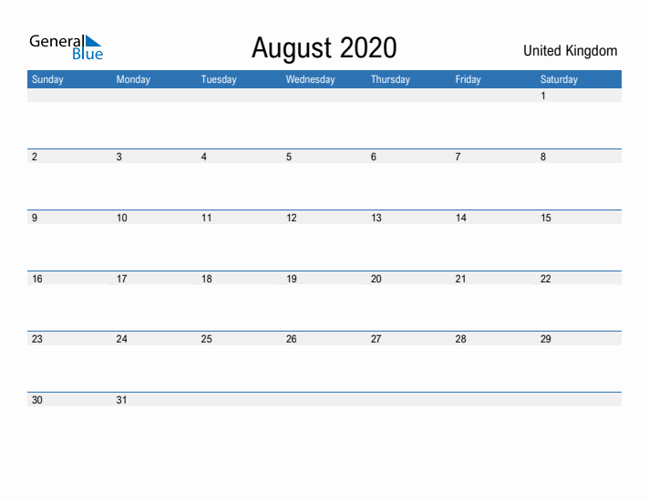 Fillable August 2020 Calendar