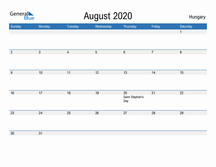 Fillable August 2020 Calendar