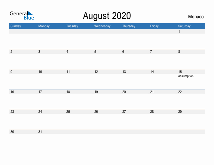 Fillable August 2020 Calendar