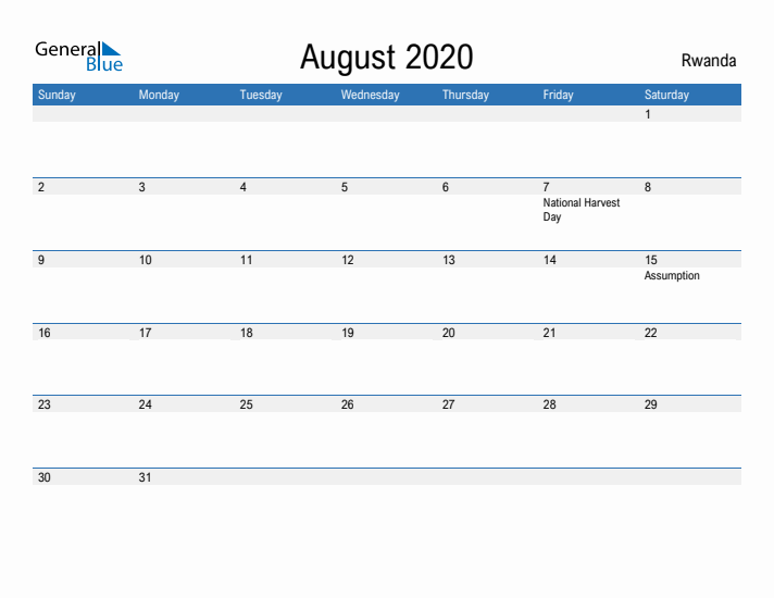 Fillable August 2020 Calendar