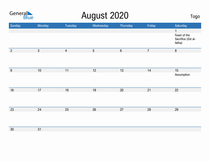 Fillable August 2020 Calendar