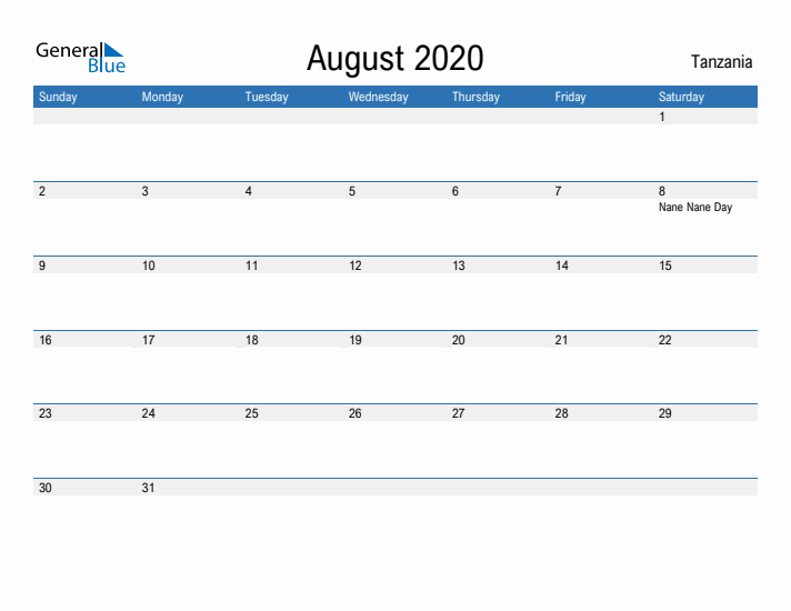 Fillable August 2020 Calendar