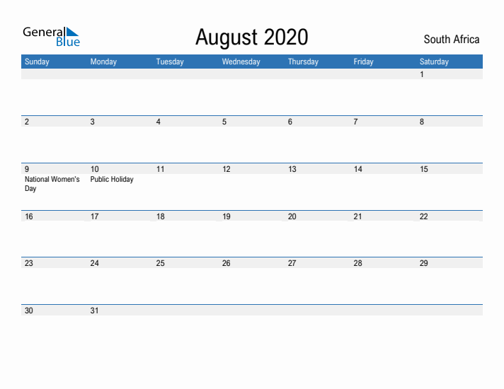 Fillable August 2020 Calendar