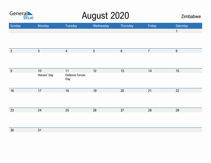 Fillable August 2020 Calendar