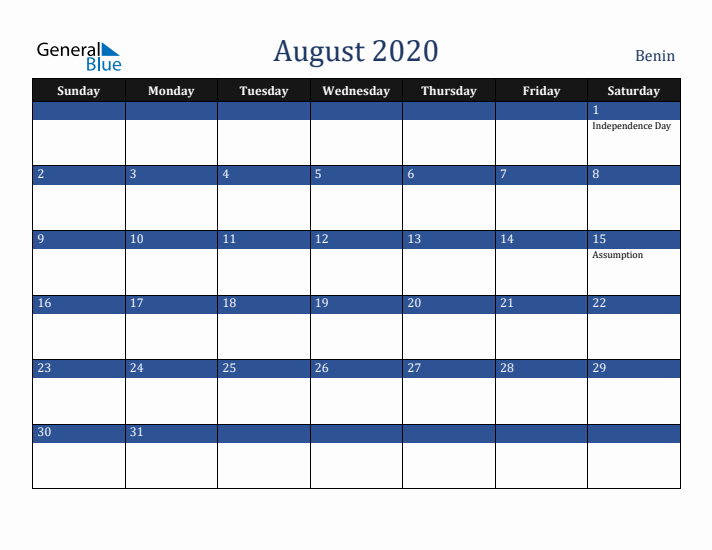 August 2020 Benin Calendar (Sunday Start)