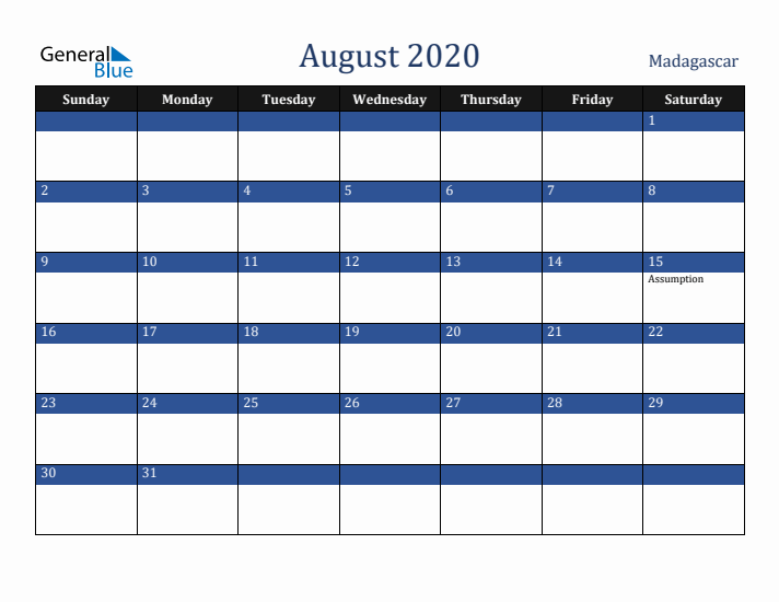 August 2020 Madagascar Calendar (Sunday Start)