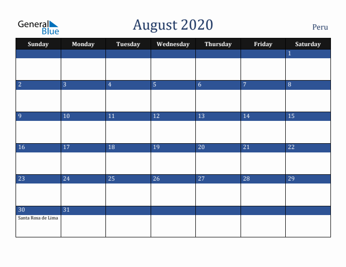 August 2020 Peru Calendar (Sunday Start)