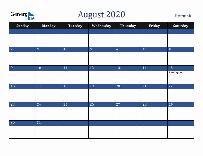 August 2020 Romania Calendar (Sunday Start)