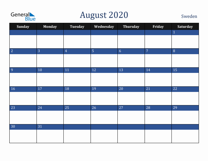 August 2020 Sweden Calendar (Sunday Start)