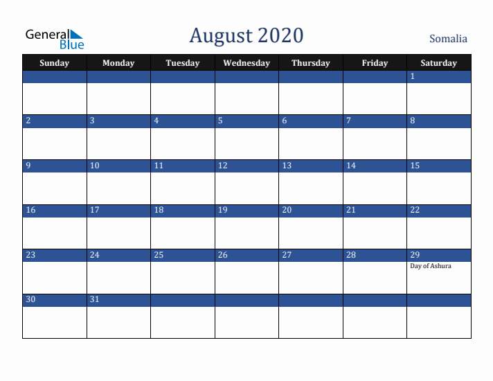 August 2020 Somalia Calendar (Sunday Start)