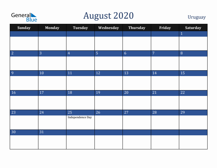 August 2020 Uruguay Calendar (Sunday Start)