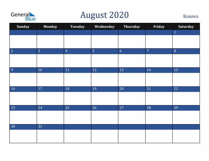 August 2020 Kosovo Calendar (Sunday Start)