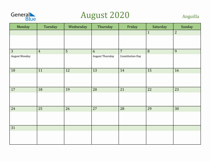 August 2020 Calendar with Anguilla Holidays