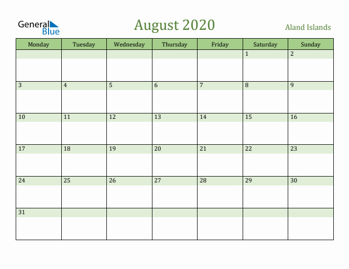 August 2020 Calendar with Aland Islands Holidays