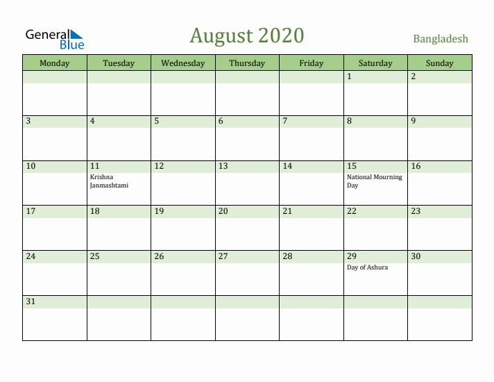 August 2020 Calendar with Bangladesh Holidays