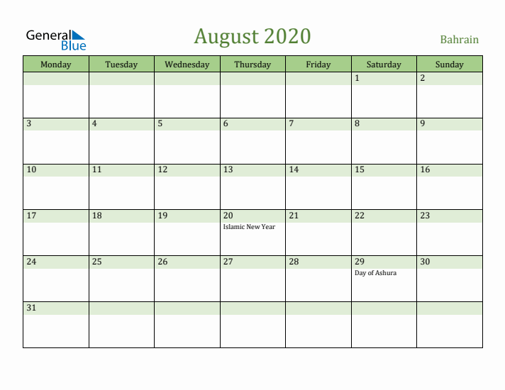 August 2020 Calendar with Bahrain Holidays