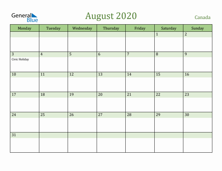 August 2020 Calendar with Canada Holidays