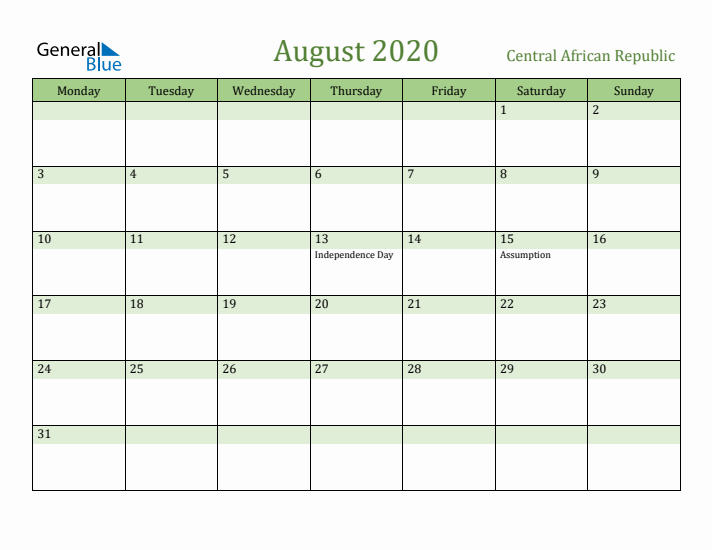 August 2020 Calendar with Central African Republic Holidays