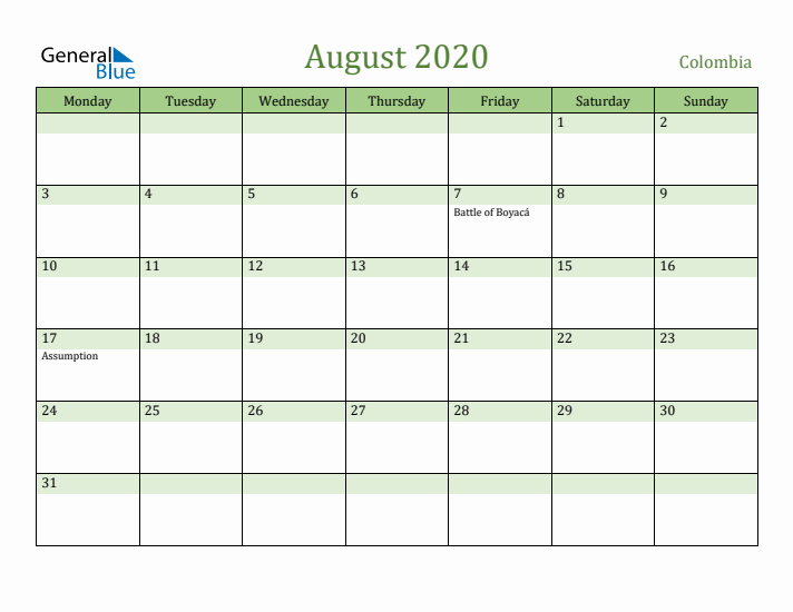 August 2020 Calendar with Colombia Holidays