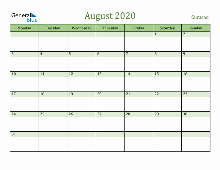 August 2020 Calendar with Curacao Holidays