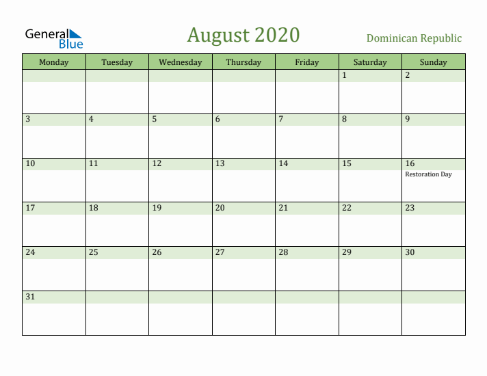 August 2020 Calendar with Dominican Republic Holidays